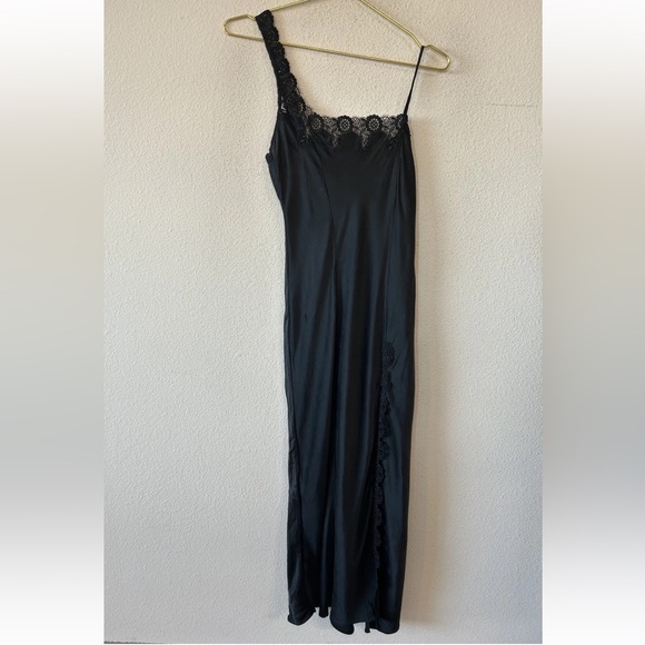 Vintage Dresses & Skirts - Vintage Y2K Black Silk Slip Dress Lace One Shoulder Maxi Goth S/M